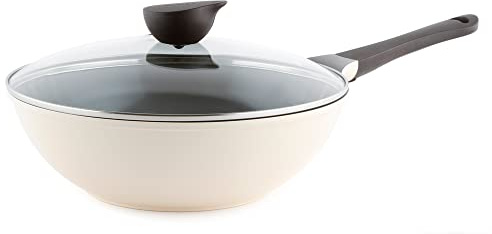 Neoflam Eela 12'' Non Stick Chef's Wok with Glass Lid, Stir Fry Pan and POFA-Free Ceramic Coating for Cooking Saute Vegetables, Meat, Fish, 12 inch, Ivory (Handle assemble required)
