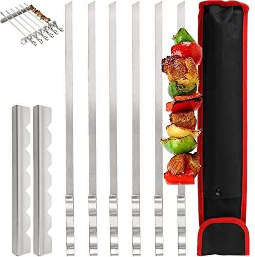 Dicunoy Edelstahl Grillspieße, 9er-set BBQ Grillspieße mit Halterung Edelstahl Set, 43cm Schaschlickspieße mit Grillgestell, Wiederverwendbare flache Shish BBQ Sticks aus Metall mit Kabob Rack Stand