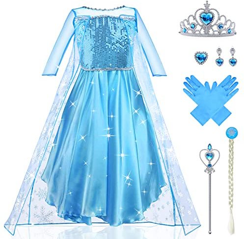 URAQT Vestito Set, Costume Vestito Bambina Principessa, Set da Principessa Corona Bacchetta Guanti Treccia, Cosplay Party Halloween Abito delle Ragazze di Natale Vestito Fantasia, 120cm