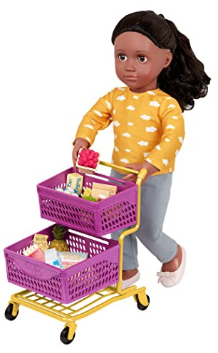 Our Generation Carrito de la Compra con comestibles para muñecas | Accesorio de juego con carrito, 2 cestas, bandeja inferior y alimentos de juguete; para muñecas de 46 cm; 3 años y +