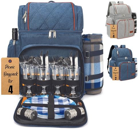 Rnoony Picknickrucksack für Camping, Picknickkorb für 4 mit isolierter Kühltasche und Flaschentasche, Picknicktasche mit Leichter Decke und Besteckset für Familie, Paare und Wandern