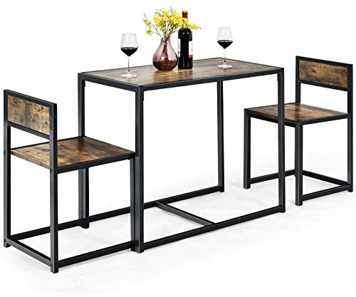 HOMASIS Ensemble de Bar 3 Pièces avec 2 Tabourets, Table de Bistrot avec Chaises, en Bois et Structure Métal, Design Industriel pour Cuisine