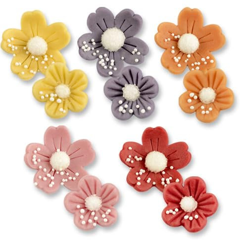 Günthart 90 Sück Marzipan Blumen groß und klein in 4 Farben gelb, lila, orange, rot, rosa, 1er Pack 300 g