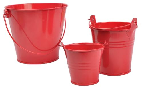 Galvanized Buckets with Handle, 3 Pack Tin Plate Iron Pail, Christmas Mini Metal Bucket, Pencil Holder, Flower Pots, Craft Supply Holders for Events, Storage Buckets for Party Favor, 3 Sizes, Red