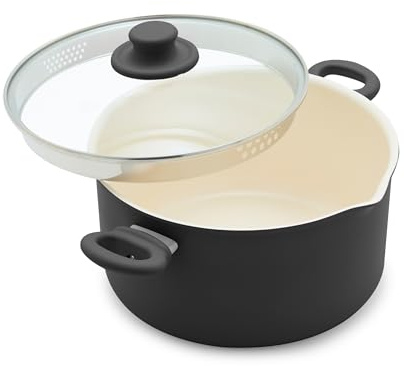 GreenLife 6QT Ceramic Nonstick Stockpot with Glass Straining Lid, PFAS-Free, Dishwasher Safe, Stay-Cool Handles, Oven Safe to 350°F, Wobble-Free Base, Even Heating, Black