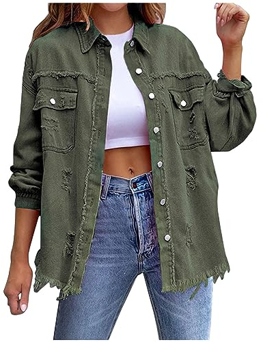 Blouses en jean pour femme - Chemise décontractée boutonnée à manches longues en jean pour femme - Coupe ample - Chemisier d'été et de printemps classique tendance, Vert kaki., S