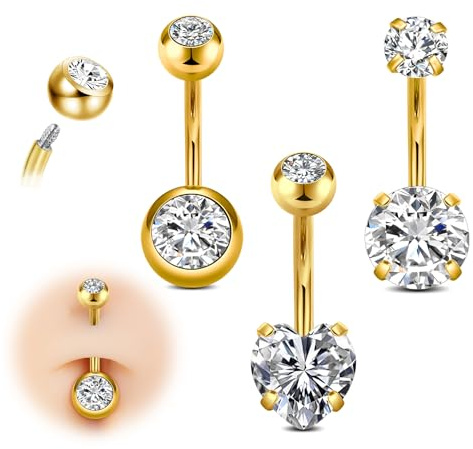AVYRING Barre a bottone in acciaio chirurgico da 14 g, 10 mm, color argento o oro, con cuore rotondo e cuore, ipoallergenico, da donna, 3 pezzi, Acciaio inossidabile