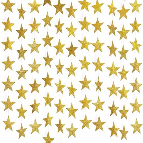 G2PLUS Gold Glitter Star Garland, 16m Sparkling Paper Hanging Decoration for Twinkle Little Star Party, Birthday, Wedding Theme, Room Decor