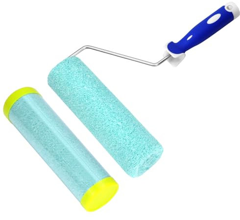 QWORK® Juego de rodillos de pintura de microfibra para textura especial, rodillo de pintura de 23 cm, altura de pelo de 12 mm, mango de rodillo compatible con varillas telescópicas