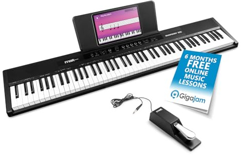 MAX Rhapsody DP88 Piano teclado digital de 88 teclas sensibles al tacto, altavoces estéreo, pedal sustain, 10 sonidos, ritmos, 26 canciones demo, efectos, conexión USB/Midi, soporte de partituras