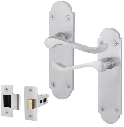 EAI Satin Door Handle Latch Set - Victorian Scroll Shaped | 1 Pair of Internal Satin Chrome Lever Handles on Backplate & Latch (64mm)