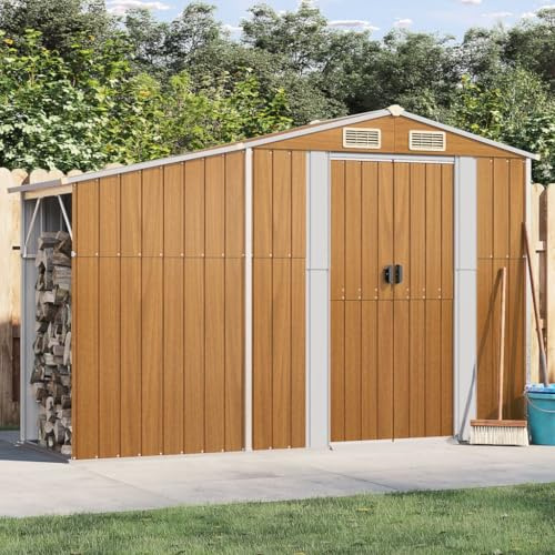 IKAYAA Caseta de Jardín Metálica 277 x 93 x 179 cm Cobertizo de Metálica Caseta Metálica para Herramientas - Taller de Jardín - Bicicleta, Almacenamiento de Herramientas Marrón Claro