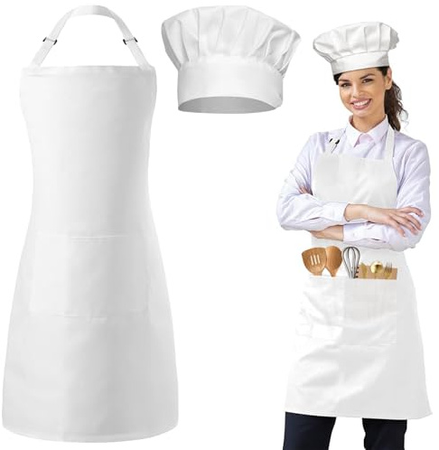 CHRI Set Grembiule da Cucina Bianco con Cappello da Cuoco Grembiule Regolabile con Tasche per Uomini e Donne Cucina Cottura Barbecue Bianco, Taglia Unica