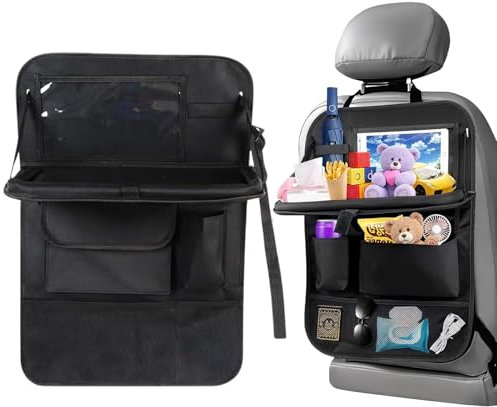 Dewocke Rückenlehnenschutz Auto, Wasserdicht Autositz Organizer mit Große Kapazität, Klapptisch und Tablet Tasche, Multifunktionale Rücksitz Organizer für Auto Kinder - Schwarz