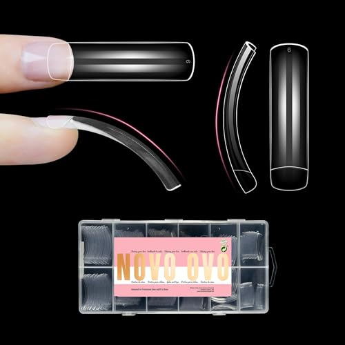 NOVO OVO Halloween Half Cover XXL Curved Nail Tips, Square Shallow Paste Soft Gel x Long L XL XXXL Hawk Curve Claw 90s' Y2K Fake Nails Extension kit, Clear French False Nail for Acrylic 12 Sizes 240pc