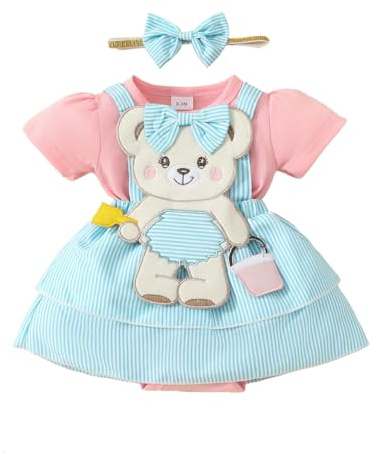 LUVCES Robe Nouveau-né Fille Volants Manches Courtes Côtelée Cute Imprimée Barboteuse Robes avec Bandeau Vêtements d'été Ensemble