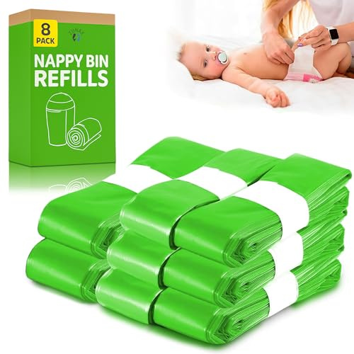 8 Pack Nappy Bin Refills – 4.5m Each Roll, Holds Up to 232 Nappies – Diaper Bin Bags Compatible with Tommee Tippee,Twist & Click, Angelcare, Spross - Smellproof, Leak-Resistant(Packaging may Vary)