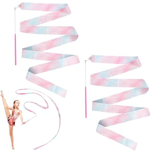 Générique Rubans de Danse pour Enfants - Lot de 2 Rubans de Gymnastique 2m avec Baguettes - Accessoire de Danse Artistique et Rythmique - Polyester Léger - pour Cours et Spectacles Enfantins