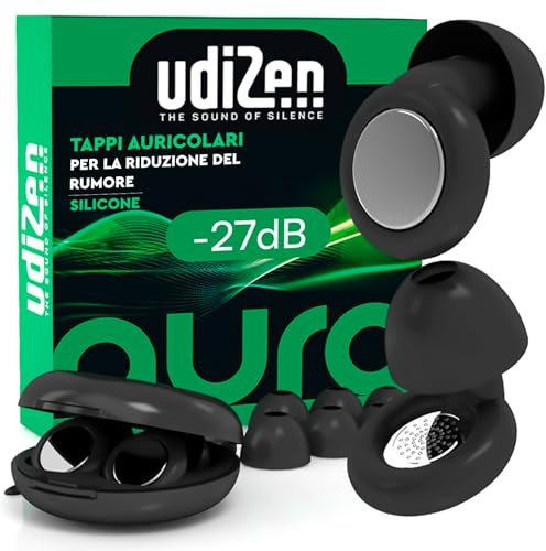 Tappi per Orecchie Antirumore per Viaggiare Dormire Studiare Insonorizzanti UdiZen -27dB Aura - 1 Paio Inserti Auricolari Ergonomici Riutilizzabili Riduzione Rumore SNR 27dB Colore Nero con Custodia