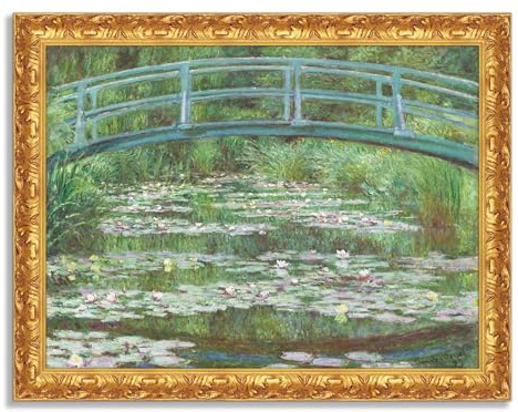 LuxHomeDecor Monet - Il Ponte Giapponese e le Ninfee - Quadro stampa su tela effetto dipinto con cornice in legno oro classico - 80x60 cm