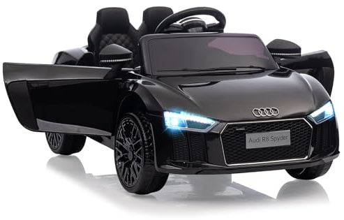 Coche Eléctrico Infantil Audi Modelo 8 de 12V con Licencia: Control Remoto,suspensión, música, LED, Arranque Suave, bocina, Puertas de Tijera. Vehículo Seguro a batería para niños de 3 a 6 año,Negro