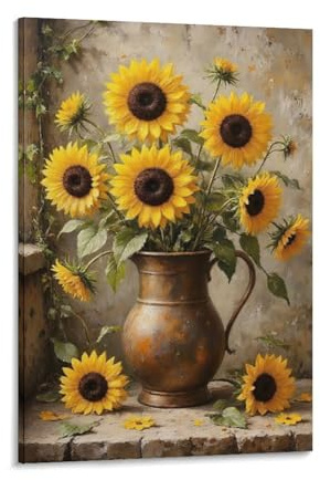Sunflowers in Rustic Jug on Stone Framed Canvas Wall Art 8x12 Inch, Modern Minimalist Canvas Print Wall Decor for Living Room Bedroom Office, Ready to Hang Small Artwork for Home Kitchen Bathroom Hote