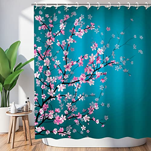 LIVILAN Shower Floral Sakura Plum Blossom Curtain, 72 x 72, Teal Blue and Pink, 12 Hooks