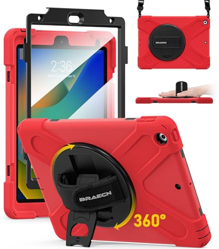 BRAECN for iPad 9th/8th/7th Generation Case 10.2 inch, Heavy Duty Rugged Protective Cover with Built Screen Protector/Hand Strap/Kickstand/Shoulder Strap for iPad 10.2 2021/2020/2019, Red
