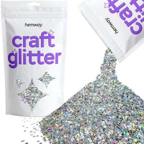 Hemway Craft Glitter Silver Holographic Stars & Moons 100g Shaped Glitter | for Crafts, Resin, Cosmetic, Nail, Face, Body, Festival, Tumblers, Art, Candle, Crafting