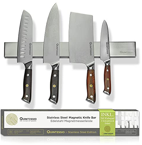 QUINTESSIO - Barre aimantée pour couteaux - Barre magnetique en acier inox 40 cm - Support couteau de cuisine - Aimant couteau mural - Barre aimantée porte couteaux - Porte couteaux aimanté - argent