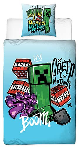 Minecraft Wende-Bettwäsche Blast 135 x 200 cm + 80 x 80 cm 100% Baumwolle Renforcé-Linon-Qualität Kinderbettwäsche TNT Creeper Enderman Crafting Zombie Enderdrache Skelett 2 Motive Reißverschluss