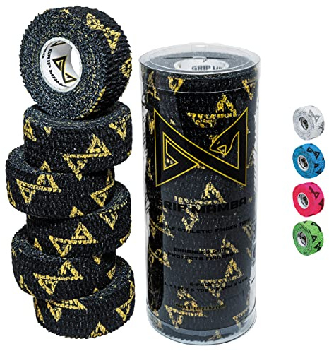 GRIP MAMBA Elastic Athletic Finger Tape, 1”Wide w/Premium Adhesive, Protects Hand Thumb Fingers Enhances Grip, Sleeve Blister Wrap for Sports, Golf, Tennis, Basketball, Pickleball (Black, 6 Rolls)