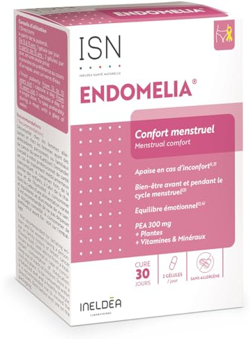 ISN - Endomelia - Complément alimentaire à base de PEA, NAC, Resvératrol, Plantes, Vitamines & Minéraux - Favorise le confort menstruel - Equilibre émotionnel - Cure 30 jours