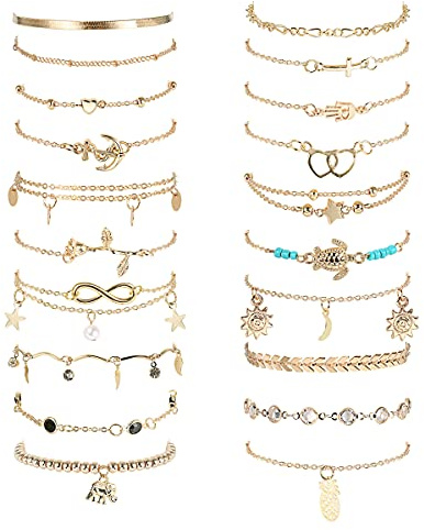 Morfetto 20 Pièces Bracelets de Cheville pour Femmes Ensemble de Cheville de Plage Réglable Bracelet de Cheville Surfeur Coeur Étoile Tortue Bracelets de Cheville Infinis Bijoux de Pied Doré