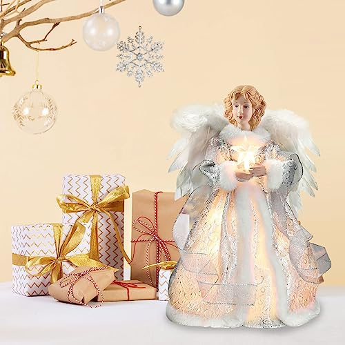 Longzhuo Tree Top Angel, punta per albero di Natale, 32 cm, punta per albero di Natale, decorazione per albero di Natale, delicata punta di Natale, statua d'angelo, per interni (argentato)