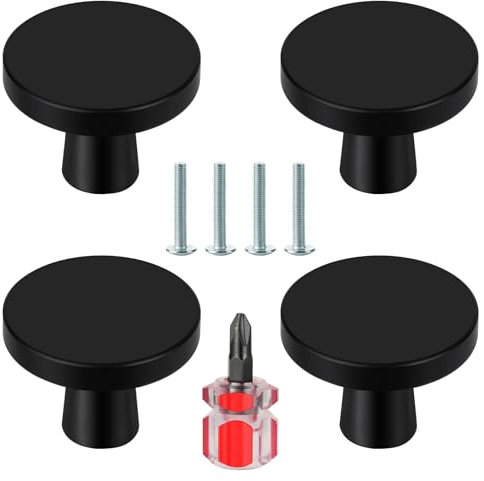 Ainiv 4 Pièces Boutons de Porte, Boutons de Meubles en Noir, Boutons Armoire Ronds, Boutons de Tiroir en Noir, Poignees de Porte de Cuisine pour Commode, Armoire, Meuble, Placard, avec Tournevis