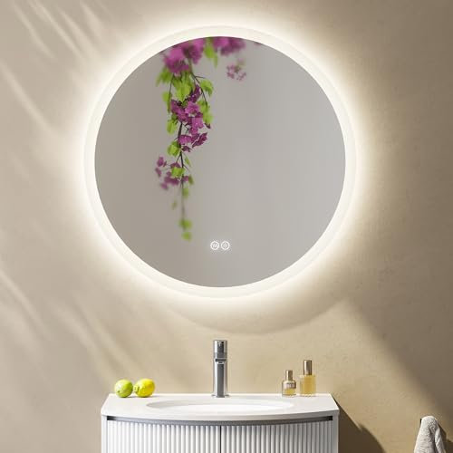 HOROW Badezimmer Spiegel Rund mit Beleuchtung, 80cm LED Spiegel, Kaltweiß Warmweiß Natürliches Lichtspiegel, Dimmbar, Antibeschlag ohne Rahmen Wandspiegel, IP44 Energiesparend