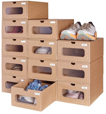 12 Pack Shoe Storage Bins, Waterproof Storage Boxes, Shoe Containers For Sneaker Display, Hat Organizer, Stack-able Cardboard Boxes, with Marking Labels, Transparent Window(13.2'' x 8.3'' x 5.1'')