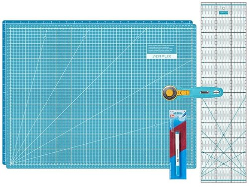 SEMPLIX Juego de alfombrillas de corte, posavasos de corte 60 x 45 cm (A2), cortadora Maxi, regla de patchwork y marcador de truco Aqua PRYM (turquesa/petróleo)