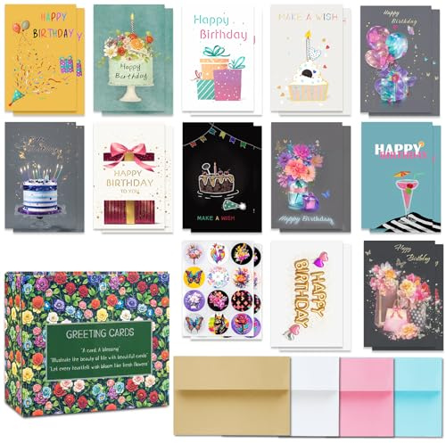 GreETING Art Set med 24 födelsedagskort, 12 mönster födelsedagskort, förpackning med 24 kuvert och 24 klistermärken, Happy Birthday-kort – perfekt som gratulationskort för män och kvinnor