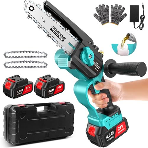 Mini motosierra Bateria 8000mAh, 6'' Motosierra Eléctrica Bateria con Depósito Para El Aceite y 2 baterías, Ajuste sin Herramientas, Motosierra de Mano Inalámbrica para Ramas y Jardinería