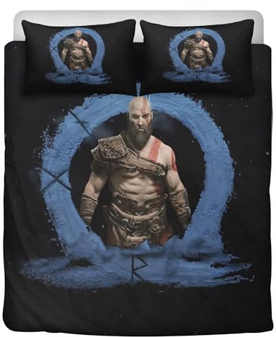 STARSAY God of War Kinder Bettwäsche Bettbezüge und 2 Kissenbezug für Spielfans Schlafzimmer dekorative Mikrofaser Bettwäsche-Sets 3-teilig (Kratos)
