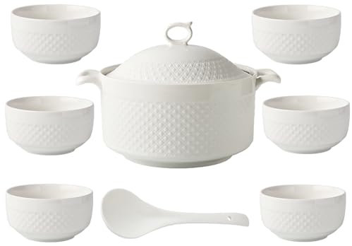 NNYCC Sopera con Tazones, Tazón para Servir Sopa de Porcelana con Tapa y Cucharón Juego de Vajilla Blanca para Restaurante de Cocina Casera,3.6l+6