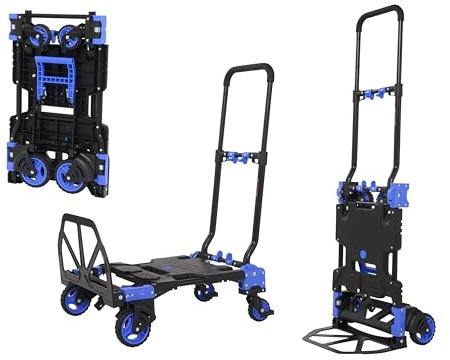 2-in-1 Sack Truck, Multi Purpose Folding Black/Blue Plastic Hand Trolley & Platform Cart with Aluminium Frame & Telescopic Handle