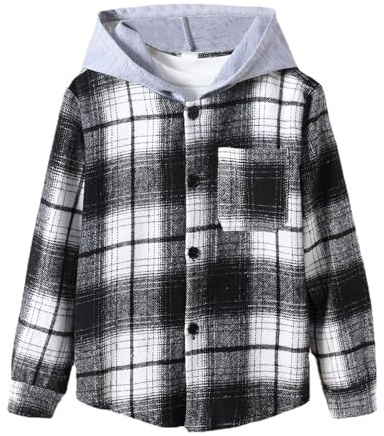 vejtmcc Camisa a cuadros para camisa de moda casual cálida para camisa coreana a cuadros con capucha niño primavera 86, Negro , 160