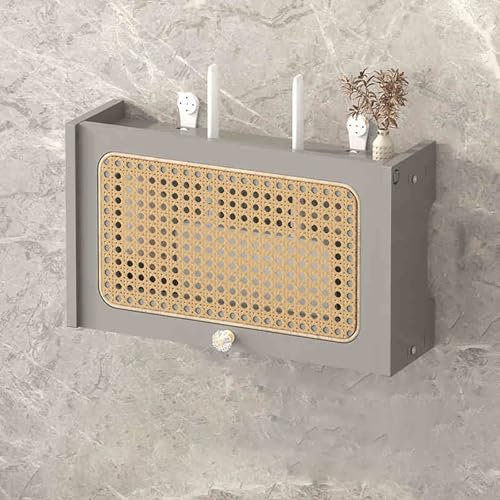 Router Organizer Box Imported Pine Wood Hollow Rattan Design High Breathability No Punching Required Router Wall Mount for Use in Living Rooms Bedrooms Offices(Gray,60 * 11.5 * 23cm)