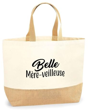 Mère-veilleuse Sac Jute Belle Cabas de Plage Courses Coton et Toile de Jute | Idée Cadeau Belle-Maman Humour Original Noël Anniversaire Famille Amour Fête des Mères