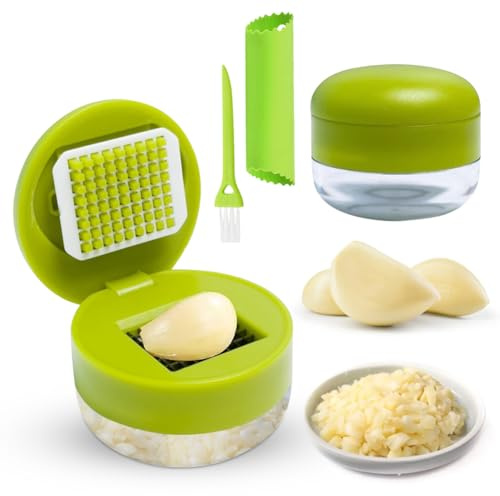 Premium Knoblauchpresse Set aus Edelstahl, 2 Knoblauchschneider mit Silikon Knoblauchschäler & Reinigungsbürste, knoblauchpresse Spülmaschinenfest, garlic press für Knoblauch, Ingwer Obst