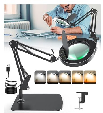 KimFilter 10X Magnifying Glass with Light and Stand | Dust Cover Design, 5 Color Temp Modes Dimmable LED Magnifying Lamp with Swing Arm | Hands Free Desk Magnifying Light for Crafts, Read & Close Work