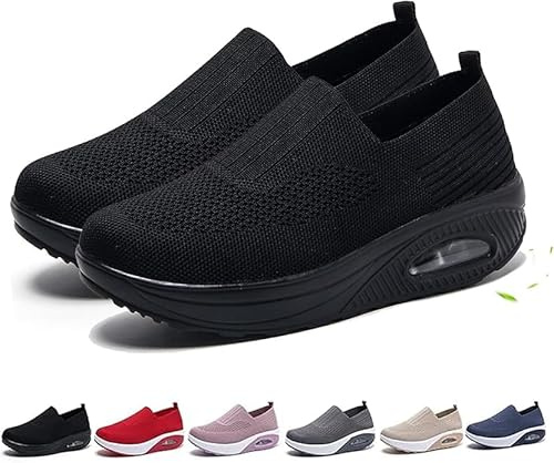 Chaussures orthopédiques pour femme - Coupe large - Confortable - Semelle à bascule - Chaussures orthopédiques ergonomiques pour soulager la douleur - Soutien de la voûte plantaire, Noir , 10 UK Wide